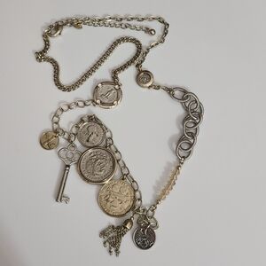 Chico's Long Coin Key Charm Necklace Glass Crystal Stones Silver Gold Tassel Euc